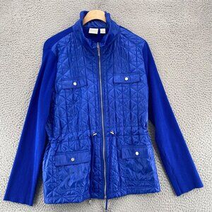 Chicos Coat Womens 2 US Large Blue Quilted Puffer Zip Up Cinched Waist Pockets